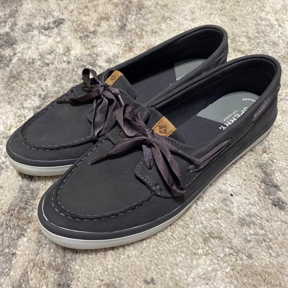Sperry womens top sider charcoal leather boat shoes 9.5 ribbon style lace canvas - Picture 3 of 12